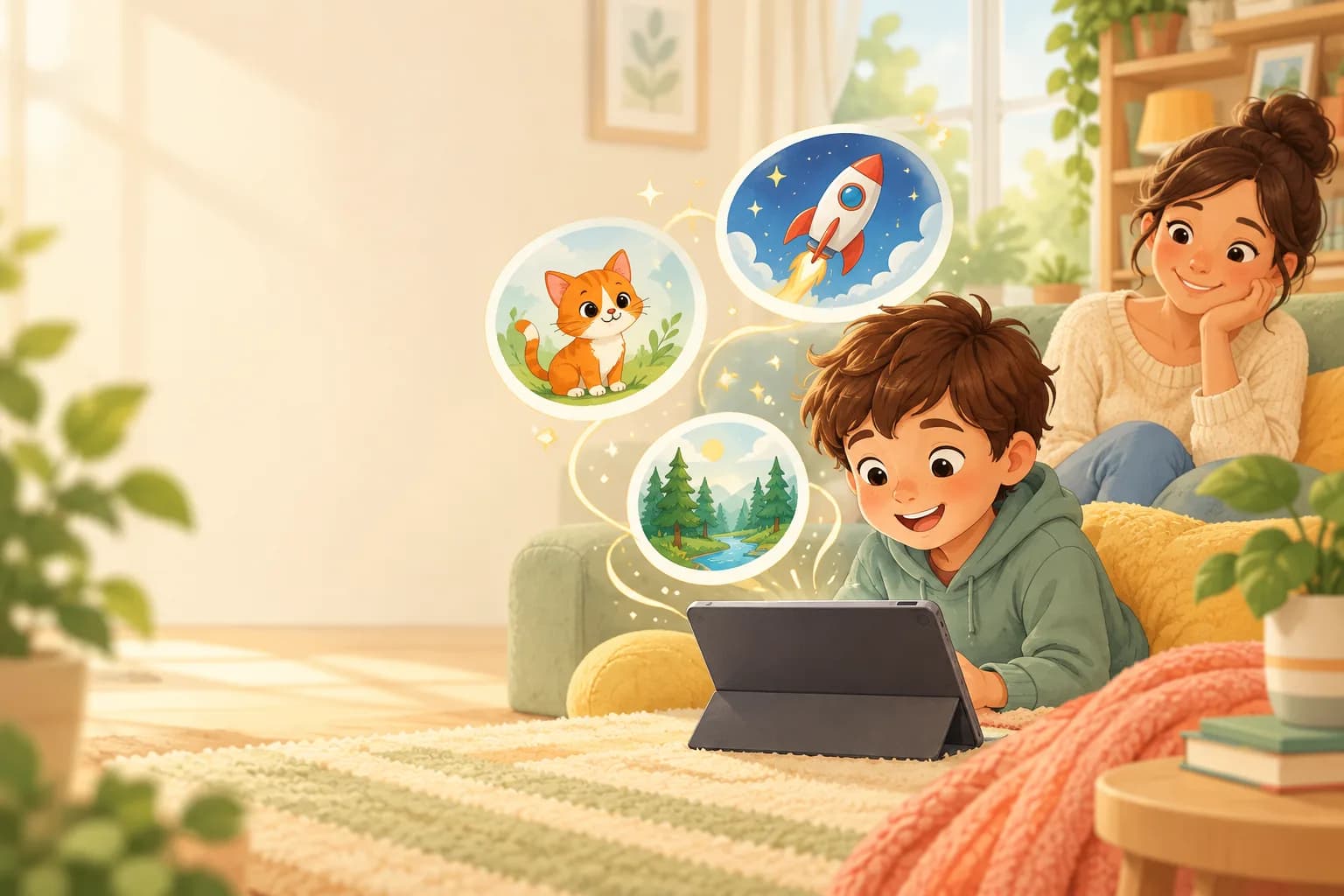 Un enfant lit une histoire à voix haute sur une tablette, dans un salon, sous le regard souriant d'un parent.